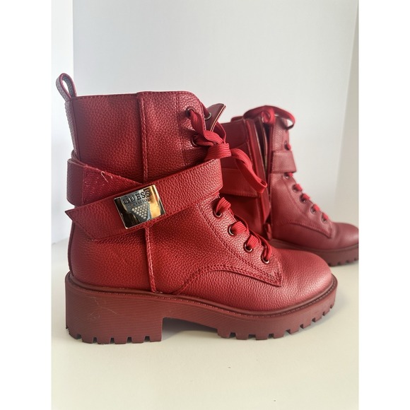 Guess Shoes - Guess Caleena Red Combat Boots Womens 7.5 M Lace Up Side Zip Lug Sole WGCALEENAC